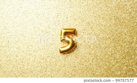 Three-dimensional number 5 on a glittering golden background. Golden balloons, balloon numbers. Three-dimensional number 5 on a glittering golden background. Golden balloons, balloon numbers. 99787577