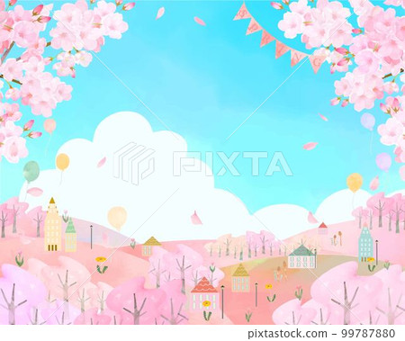 Spring cherry blossoms and rape blossoms with falling petals-Cityscape and balloons-Clouds in the blue sky-Spring landscape frame background material 99787880