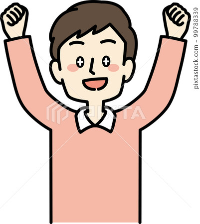 Illustration of a man who is pleased with his eyes shining and raising his hands 99788339