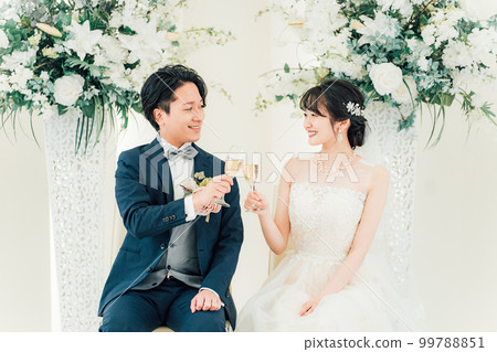 Bride and groom toast at wedding (champagne, alcohol, drink) Bride and groom toast at wedding (champagne, alcohol, drink) 99788851