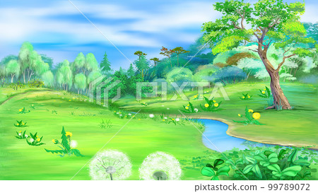 Blooming dandelions in nature illustration Blooming dandelions in nature illustration 99789072