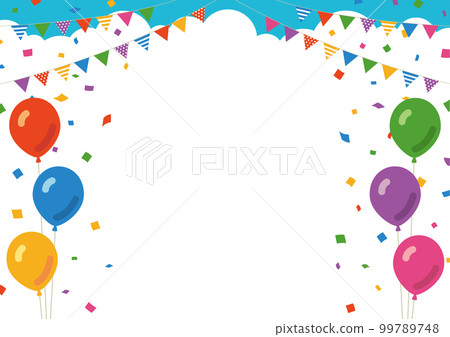花環、五彩紙屑和氣球的框架材料反對藍天 99789748