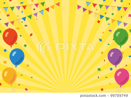 Frame material of garland, confetti and balloons against the background of yellow concentration lines Frame material of garland, confetti and balloons against the background of yellow concentration lines 99789749