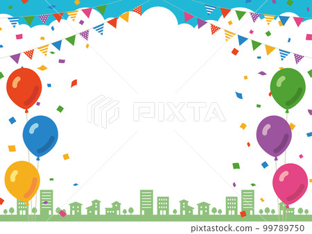 以城市景觀為背景的花環、五彩紙屑和氣球的框架材料 以城市景觀為背景的花環、五彩紙屑和氣球的框架材料 99789750