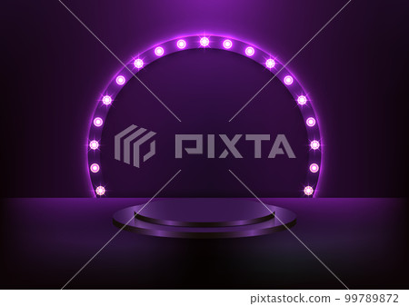 3D realistic purple podium pedestal with glowing light bulb circle backdrop 3D realistic purple podium pedestal with glowing light bulb circle backdrop 99789872