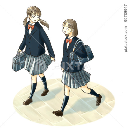 A female student wearing a uniform walking while having a conversation 99789947