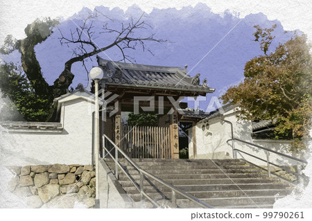 Watercolor-style Shakko-ji temple gate, Katsuragi City, Nara Prefecture 99790261
