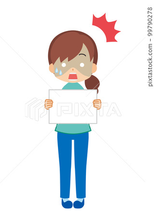 一個可愛的年輕女子拿著留言板、白色背景、矢量圖、全身、人的插圖 99790278
