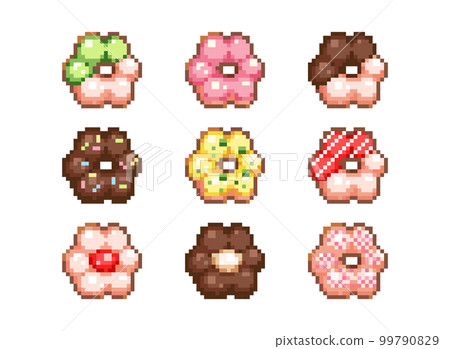 Pixel art flower shaped donuts. Japanese Ube Mochi in vintage 8 bit mosaic style for stickers, icons, logo, and decorative elements. Vector video game set of sweet dessert food. 99790829