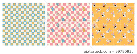 Groovy hippie Happy Easter seamless pattern set. Easter backgrounds in trendy retro 60s 70s cartoon style. 99790933