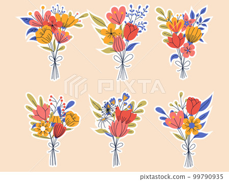 Sticker pack of floral elements. Romantic flower collection with bouquet of flowers. Good for greeting cards or invitation design, floral poster. Sticker pack of floral elements. Romantic flower collection with bouquet of flowers. Good for greeting cards or invitation design, floral poster. 99790935