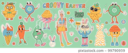 Groovy hippie Happy Easter stickers. Easter bunny, eggs, flower, chickens. Sticker pack of cartoon characters and elements in trendy retro 60s 70s cartoon style. 99790939