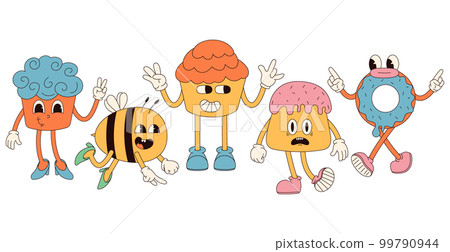 Groovy hippie Happy Easter characters. Easter bun, bee in trendy retro 60s 70s cartoon style. 99790944
