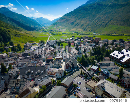 Village of Andermatt in Switzerland from above - aerial view Village of Andermatt in Switzerland from above - aerial view 99791646