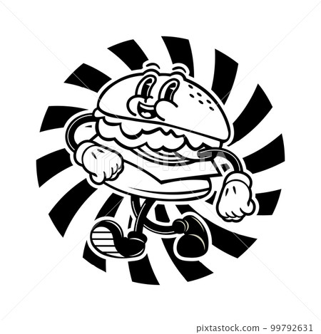 Walking burger character vector illustration in retro 30's cartoon style, perfect for t shirt design and fast food logo Walking burger character vector illustration in retro 30's cartoon style, perfect for t shirt design and fast food logo 99792631