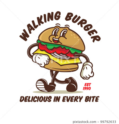 Walking burger character vector illustration in retro 30's cartoon style, perfect for t shirt design and fast food logo Walking burger character vector illustration in retro 30's cartoon style, perfect for t shirt design and fast food logo 99792633