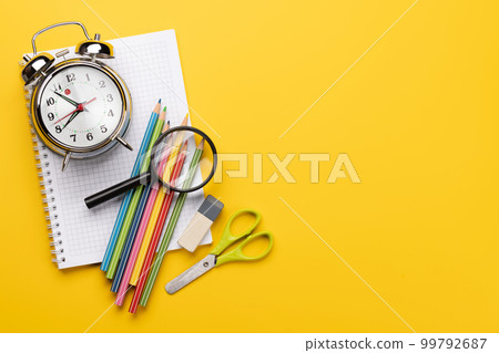 School supplies and stationery on yellow School supplies and stationery on yellow 99792687
