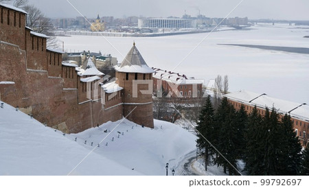 The Nizhny Novgorod Kremlin against the backdrop of the confluence of the two rivers Oka and Volga The Nizhny Novgorod Kremlin against the backdrop of the confluence of the two rivers Oka and Volga 99792697