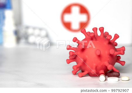 Medicine. vaccine,Flu virus cell with medication on white background, viral infection, medical health,flu,sick concept copy space 99792907