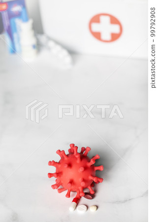 Medicine. vaccine,Flu virus cell with medication on white background, viral infection, medical health,flu,sick concept copy space 99792908
