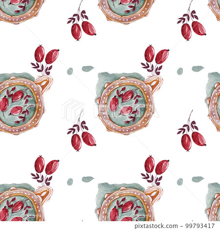 Watercolor drawing of a ripe rosehip and a drink in a mug. Seamless watercolor pattern for textile design, wallpaper and kitchen decor 99793417