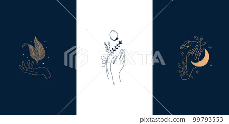 Vector set of line hand logos. Holding plants, leaves and moon. Beauty, care, nature illustrations and icons. 99793553