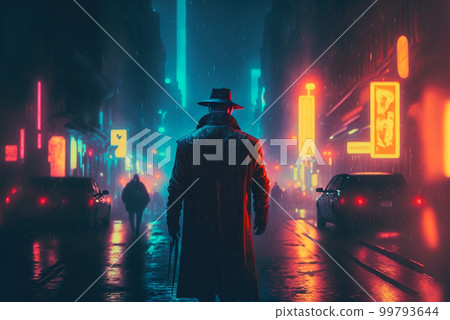 cyberpunk,city,metropolis,neon, rain,art illustration Stock Illustration