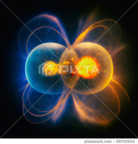 Subatomic particle collision illustration. Nuclear fusion concept. Generative AI Subatomic particle collision illustration. Nuclear fusion concept. Generative AI 99793658