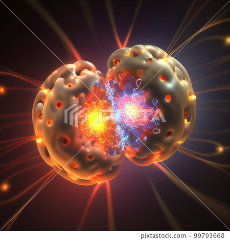 Subatomic particle collision illustration. Nuclear fusion concept. Generative AI Subatomic particle collision illustration. Nuclear fusion concept. Generative AI 99793668