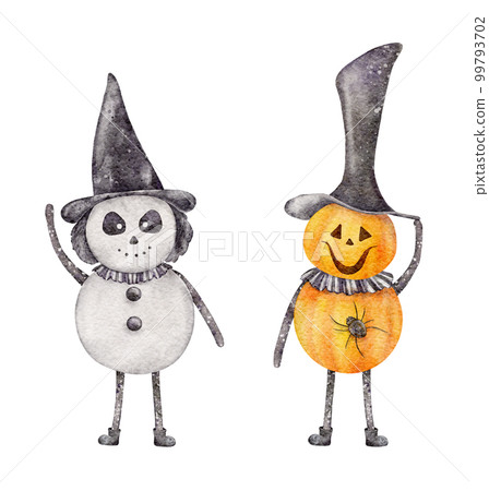 Set of cute Halloween characters. Watercolor horror elements. Spooky Illustration isolated on the white background For card, invitation and more 99793702