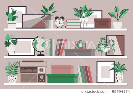 Interior Design. Shelves with books, radio, alarm clock, paintings and potted houseplants. The concept of home comfort. Illustration, vector 99794174