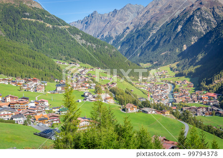 Soelden resort village in Otztal alps at spring, Tyrol, Austria border with Italy 99794378
