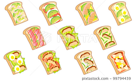 Open-faced sandwich with plenty of meat and vegetables 99794439