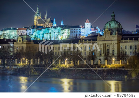 Panoramic view over the cityscape of Prague at dramatic dusk, Czech Republic 99794582