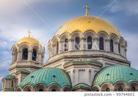 Alexander Nevski cathedral square in Sofia at dramatic autumn sunset, Bulgaria 99794601