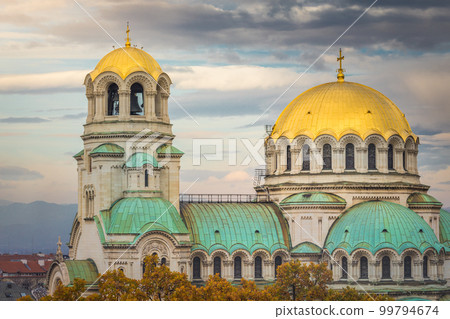 Alexander Nevski cathedral square in Sofia at dramatic autumn sunset, Bulgaria 99794674