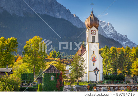 Grainau Church at golden autumn and Zugspitze, Garmisch Partenkirchen, Germany 99794719