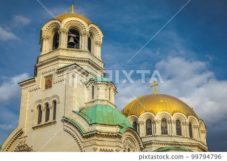 Alexander Nevski cathedral square in Sofia at dramatic autumn sunset, Bulgaria 99794796
