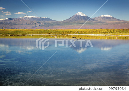Licancabur with reflection lake and volcanic landscape at Sunset, Atacama, Chile Licancabur with reflection lake and volcanic landscape at Sunset, Atacama, Chile 99795084