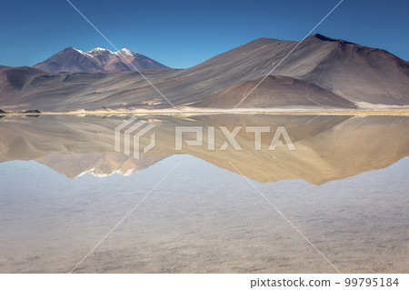 Salt lake in Piedras Rojas, volcanic landscape at sunrise, Atacama, Chile Salt lake in Piedras Rojas, volcanic landscape at sunrise, Atacama, Chile 99795184