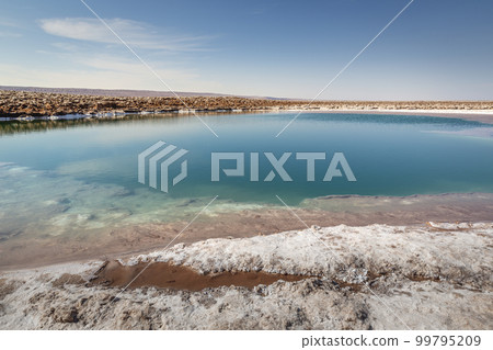 Salt lake, volcanic landscape at sunrise, Atacama, Chile border with Bolivia 99795209