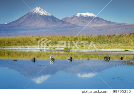 Licancabur with reflection lake and volcanic landscape at Sunset, Atacama, Chile 99795290