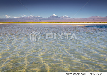 Licancabur with reflection lake and volcanic landscape at Sunset, Atacama, Chile 99795343