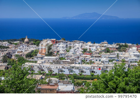 Above Ana Capri city cliffs and marina with boats and yacht, amalfi coast, Italy 99795470
