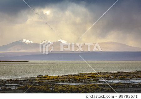 Salt lake, volcanic landscape at Sunset, Atacama, Chile border with Bolivia Salt lake, volcanic landscape at Sunset, Atacama, Chile border with Bolivia 99795671