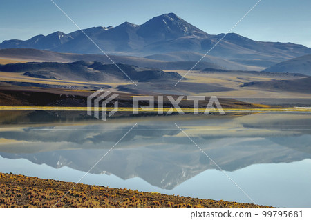 Salt lake, volcanic landscape at Sunset, Atacama, Chile border with Bolivia Salt lake, volcanic landscape at Sunset, Atacama, Chile border with Bolivia 99795681