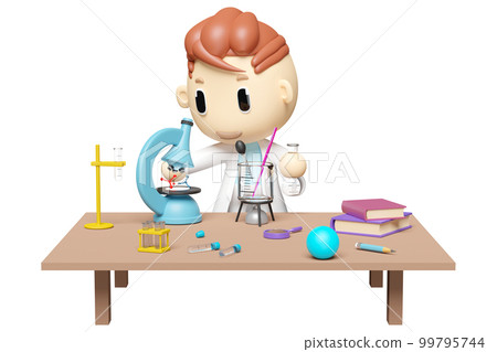 3d miniature cartoon boy character hand hold test tube with science experiment kit, microscope, desk in lab isolated. room innovative education concept, 3d render illustration 99795744