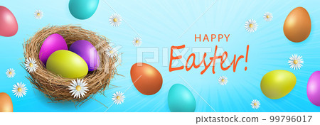 Blue composition with Easter eggs in a nest with daisies 99796017