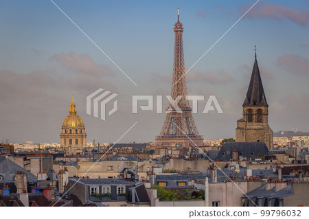 Paris Cityscape With Eiffel Tower and Invalides golden dome, Paris, France Paris Cityscape With Eiffel Tower and Invalides golden dome, Paris, France 99796032
