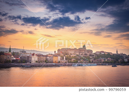 Above Budapest and Danube river cityscape at evening , Hungary Above Budapest and Danube river cityscape at evening , Hungary 99796059